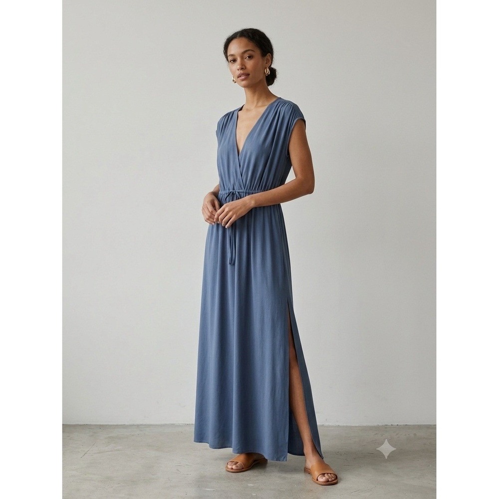 Bobi Los Angeles‎ Maxi Dress XS Blue Rayon Plunge V-Neck Drawstring Waist Casual